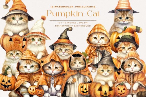 Download Autumn Pumpkin Cat Watercolor Clipart - Autumn Collection