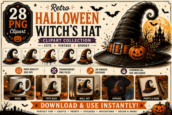 Download 28 Retro Halloween Witch's Hat Clipart - Retro halloween Collection