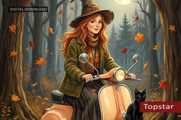 Download Cute Autumn Witch and Black Cat Scooter - Autumn Collection